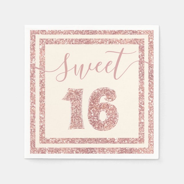 Sweet 16 Rose Gold Faux Glitter Birthday Party Napkin (Front)