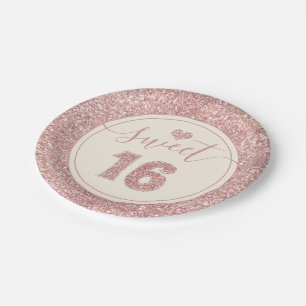 Sweet 16 Rose Gold Faux Glitter Birthday Party Paper Plate