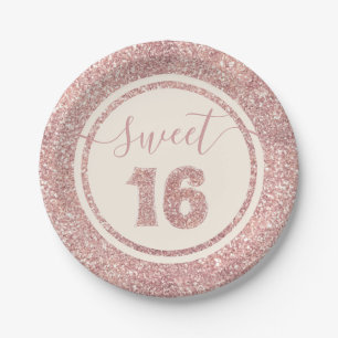 Sweet 16 Rose Gold Faux Glitter Birthday Party Paper Plate