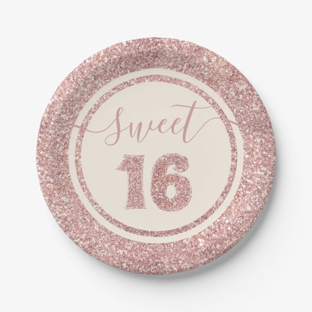 Sweet 16 Rose Gold Faux Glitter Birthday Party Paper Plate (Front)