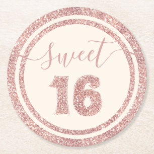 Sweet 16 Rose Gold Faux Glitter Birthday Party Round Paper Coaster