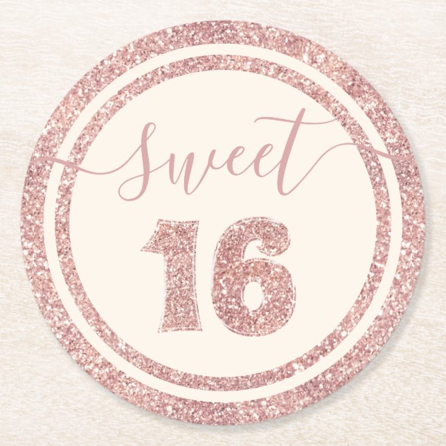 Sweet 16 Rose Gold Faux Glitter Birthday Party Round Paper Coaster (Front)