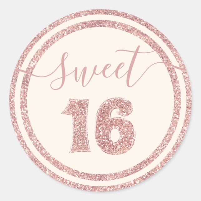 Sweet 16 Rose Gold Faux Glitter Striped Birthday Classic Round Sticker (Front)