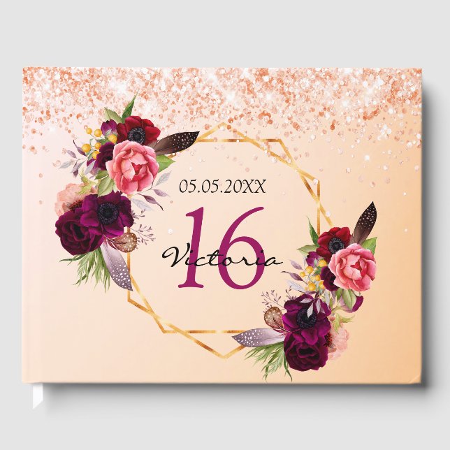 Sweet 16 rose gold floral geometric Burgundy  Guest Book (Front)