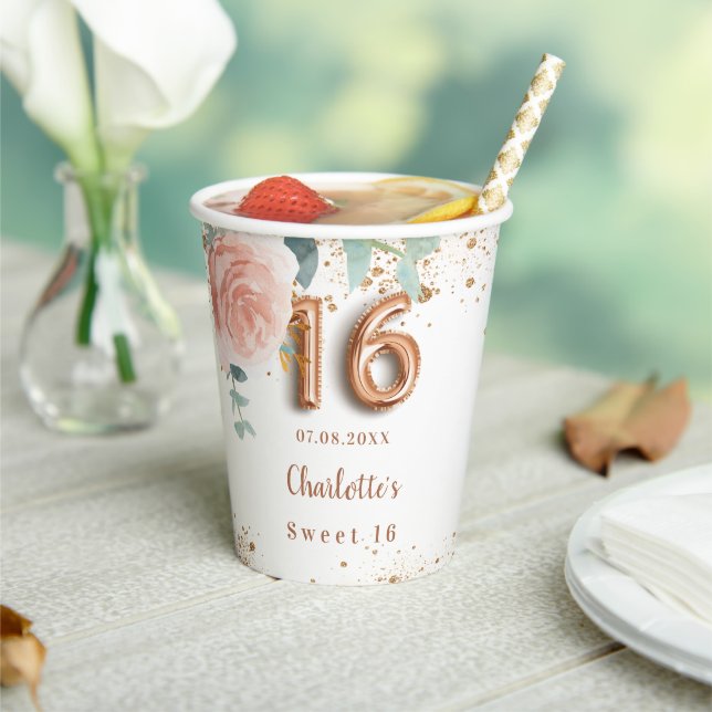 Sweet 16 rose gold florals glitter monogram paper cups (Insitu)