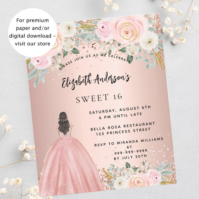 Sweet 16 rose gold flowers dress budget invitation (Creator Uploaded)