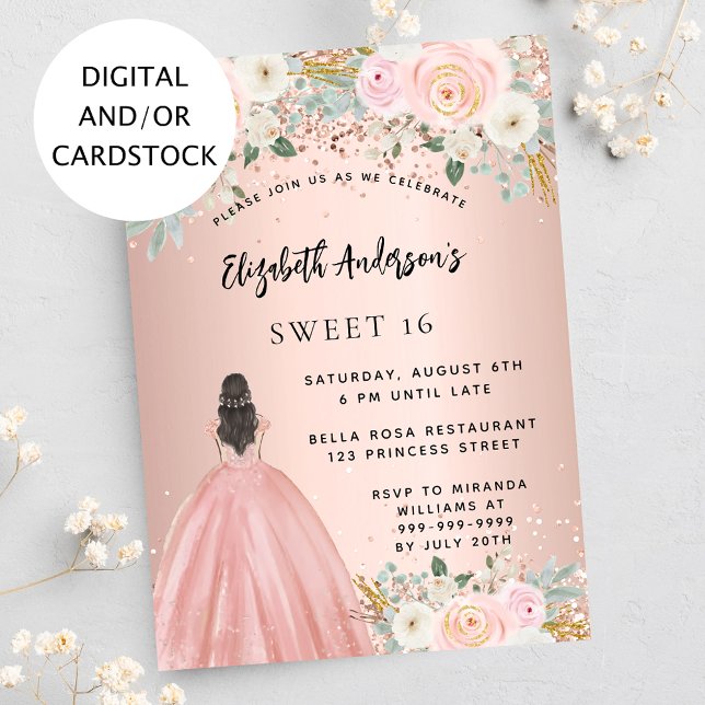 Sweet 16 rose gold flowers dress invitation (Creator Uploaded)