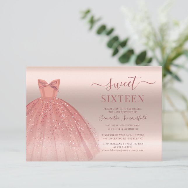 Sweet 16 Rose Gold Glam Script Sixteenth Birthday Invitation (Standing Front)