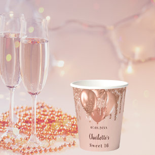Sweet 16 rose gold glitter balloons 16th birthday paper cups
