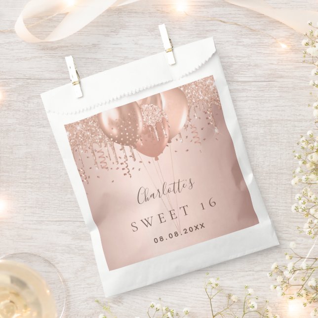 Sweet 16 rose gold glitter balloons monogram 16th favour bags (Clipped)