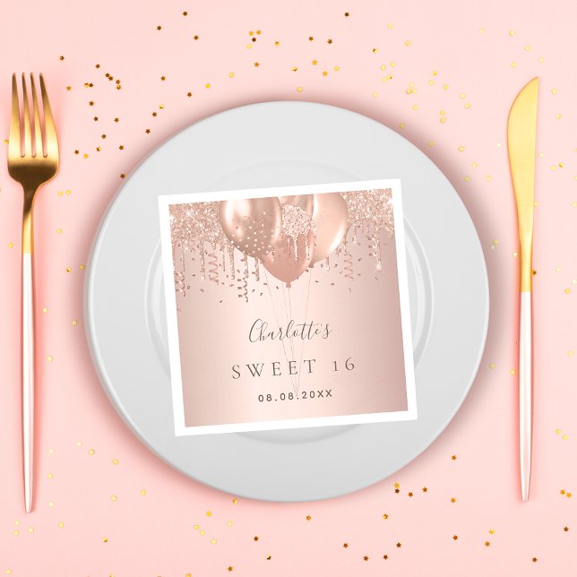 Sweet 16 rose gold glitter balloons monogram 16th napkin (Creator Uploaded)