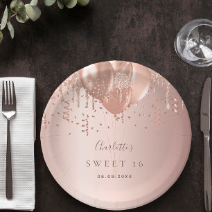 Sweet 16 rose gold glitter balloons monogram 16th paper plate