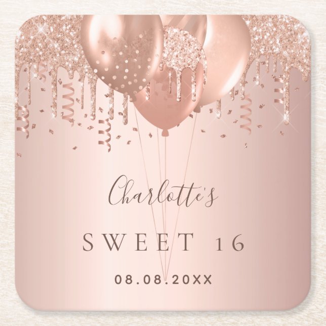 Sweet 16 rose gold glitter balloons monogram 16th square paper coaster (Front)
