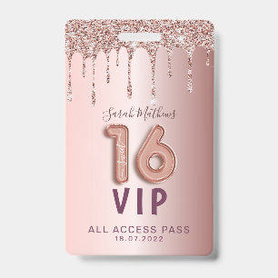 Sweet 16 Rose Gold Glitter Birthday Invitation ID Badge
