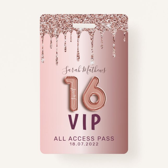 Sweet 16 Rose Gold Glitter Birthday Invitation  ID Badge (Front)