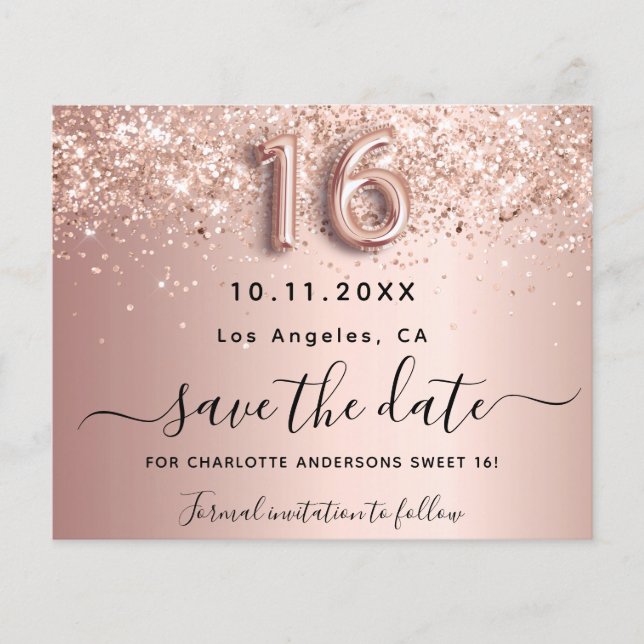 Sweet 16 rose gold glitter budget save the date flyer (Front)