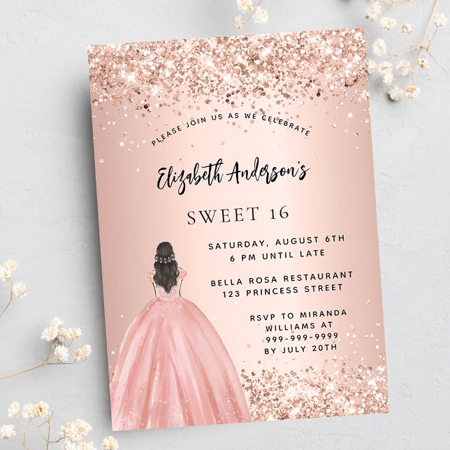 Sweet 16 rose gold glitter dress luxury party invitation (Creator Uploaded)