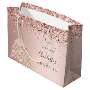 Sweet 16 rose gold glitter dress name large gift bag