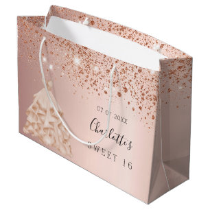 Sweet 16 rose gold glitter dress name party large gift bag
