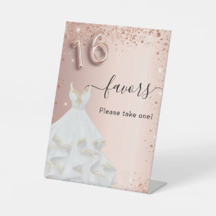 Sweet 16 rose gold glitter dress party favours pedestal sign