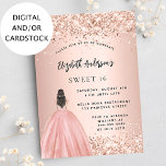 Sweet 16 rose gold glitter dress party invitation<br><div class="desc">A modern,  stylish and glamourous invitation for a Sweet 16,  16th birthday party.  A rose gold background with faux gold glitter dust,  a girl wearing a ball gown.  The name is written with a modern hand lettered style script.  Personalise and add your party details.</div>