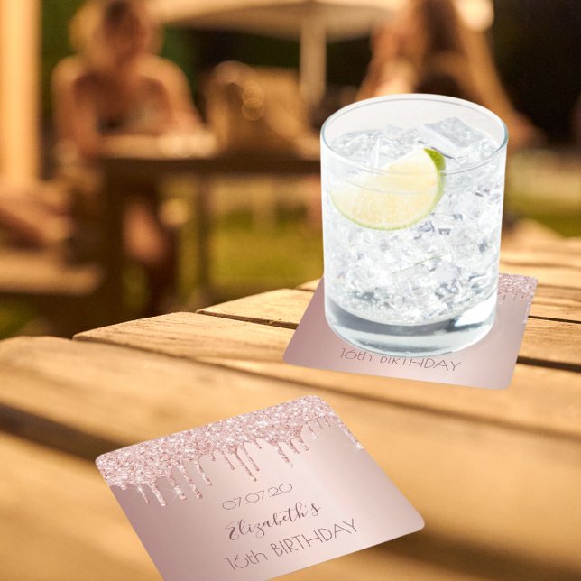 Sweet 16 rose gold glitter drips blush square paper coaster (Creator Uploaded)