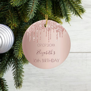 Sweet 16 rose gold glitter drips ceramic tree decoration