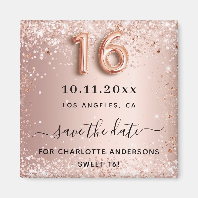 Sweet 16 rose gold glitter dust save the date magnet (Front)