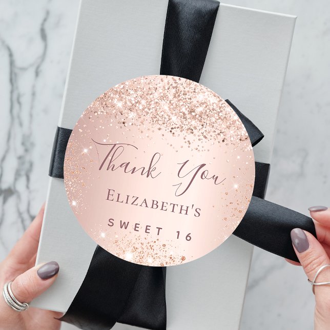 Sweet 16 rose gold glitter dust thank you classic round sticker (Creator Uploaded)
