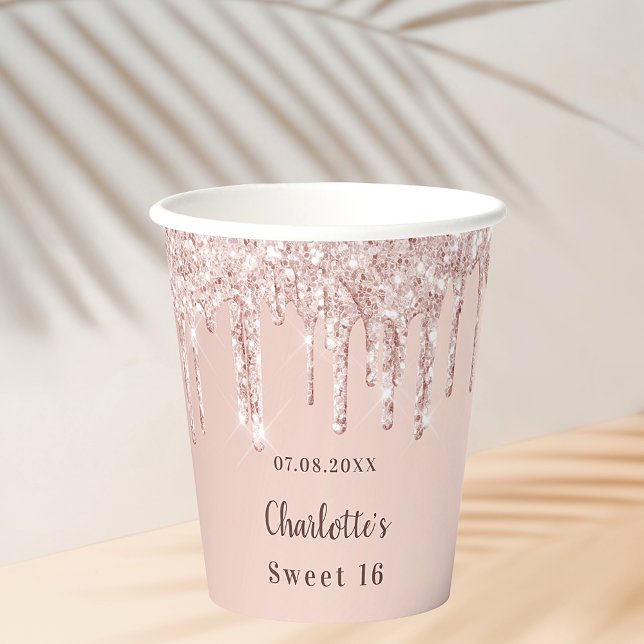 Sweet 16 rose gold glitter name 16th birthday paper cups (Creator Uploaded)