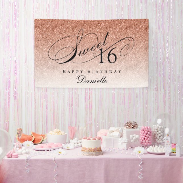 Sweet 16 Rose Gold Glitter Personalised Birthday Banner (Party)