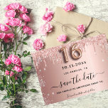 Sweet 16 rose gold glitter photo save the date<br><div class="desc">A modern and elegant Save the Date for a Sweet 16. Rose gold gradient background,  decorated with rose gold faux glitter drips.  Personalise and add a date and name. The text: Save the Date is written with a trendy hand lettered style script with swashes.</div>