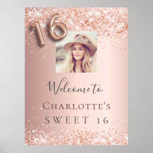 Sweet 16 rose gold glitter photo welcome party poster