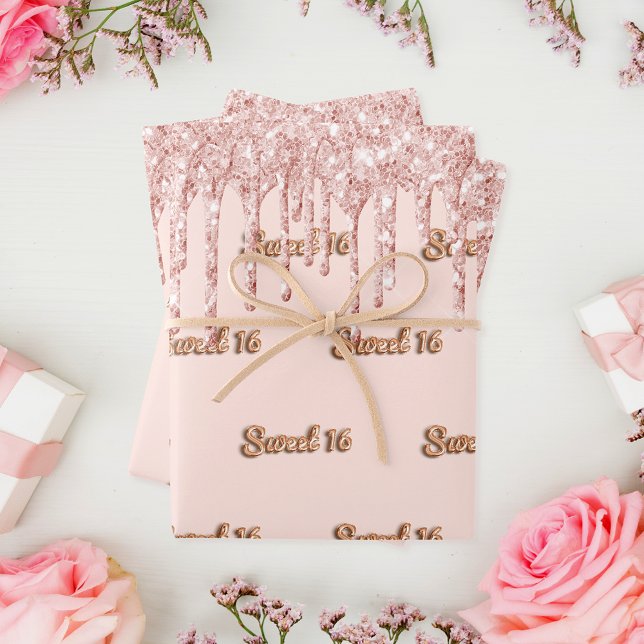 Sweet 16 rose gold glitter pink 16th birthday wrapping paper sheet (Creator Uploaded)