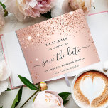 Sweet 16 rose gold glitter save the date<br><div class="desc">A girly and trendy Save the Date card for a Sweet 16, 16th birthday party. A feminine pink, rose gold faux metallic looking background decorated with faux rose gold glitter dust. Personalize and add a date and name/age. Dark rose gold colored letters. The text: Save the Date is written with...</div>
