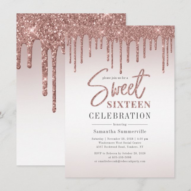 Sweet 16 Rose Gold Glitter Script Birthday Party Invitation (Front/Back)