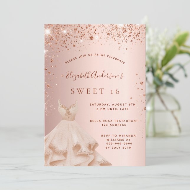Sweet 16 rose gold glitter sparkle dress invitation (Standing Front)