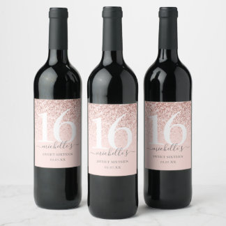 Sweet 16 Rose Gold Glitter Sparkle Name Script Wine Label