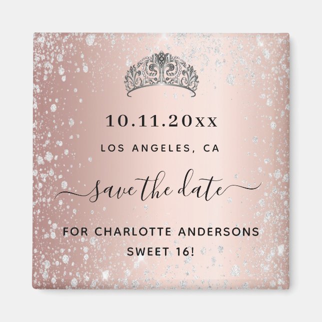 Sweet 16 rose gold glitter tiara save the date magnet (Front)