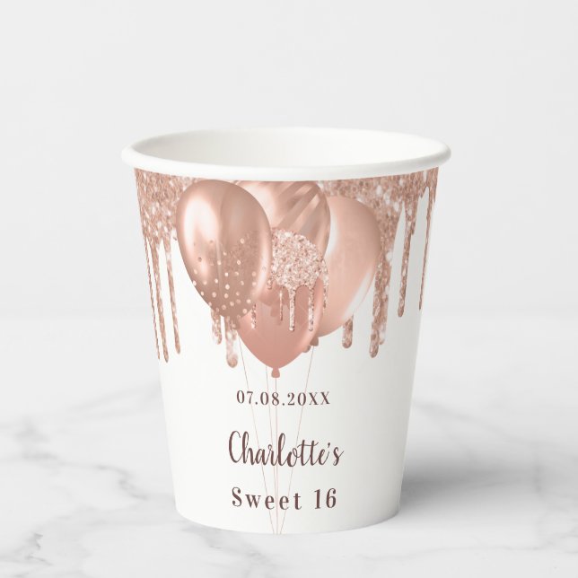 Sweet 16 rose gold glitter white 16th birthday paper cups (Front)