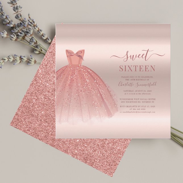 Sweet 16 Rose Gold  Modern Script Glam Birthday Invitation (Sweet 16 Birthday Glitter and Dress Party Invitation)