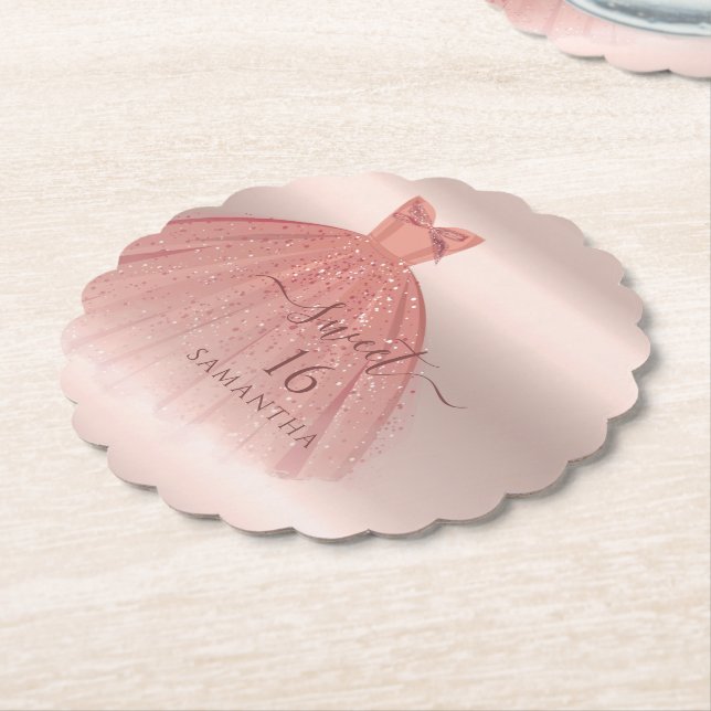 Sweet 16 Rose Gold Modern Script Glam Birthday Paper Coaster (Angled)