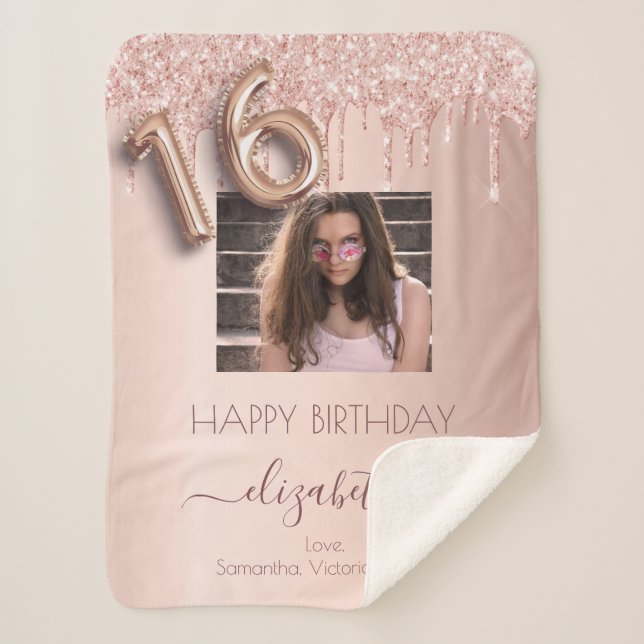 Sweet 16 rose gold photo glitter pink friends sherpa blanket (Front)