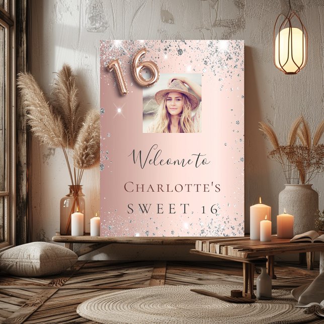 Sweet 16 rose gold photo silver glitter welcome poster (Creator Uploaded)