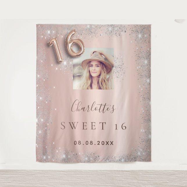 Sweet 16 rose gold photo silver glitter welcome tapestry (Front)