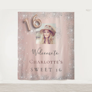 Sweet 16 rose gold photo silver glitter welcome tapestry