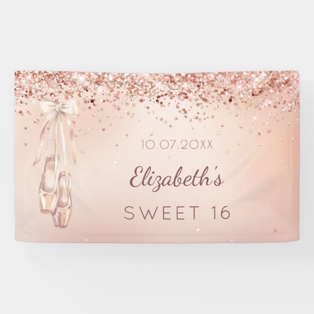 Sweet 16 rose gold pink ballerina shoes welcome banner (Horizontal)