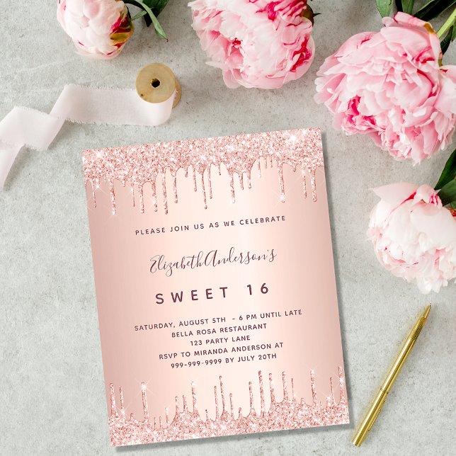 Sweet 16 rose gold pink drips invitation postcard (Creator Uploaded)