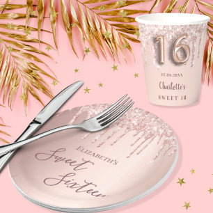 Sweet 16 rose gold pink drips paper plate