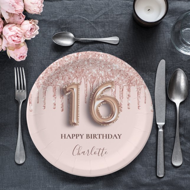 Sweet 16 rose gold pink drips paper plate (Creator Uploaded)